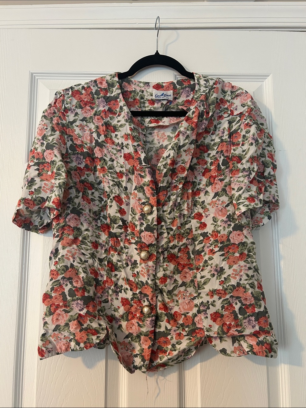 Good Times Vintage 80s 90s Pink Floral Button-Front Puff Sleeve Blouse